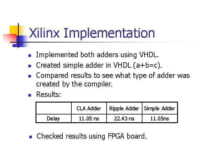 Xilinx Implementation n n Implemented both adders using VHDL. Created simple adder in VHDL