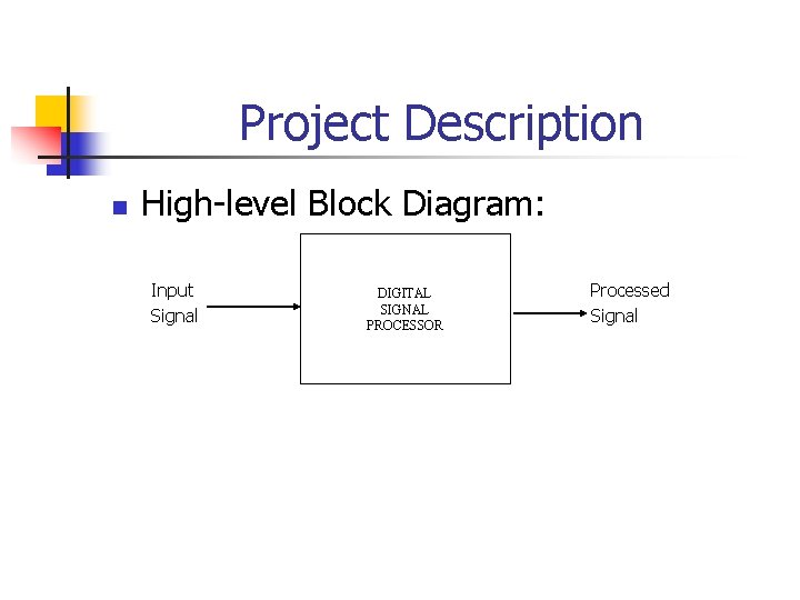 Project Description n High-level Block Diagram: Input Signal DIGITAL SIGNAL PROCESSOR Processed Signal 