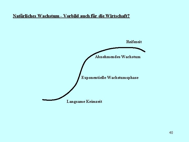 Natürliches Wachstum - Vorbild auch für die Wirtschaft? Reifezeit Abnehmendes Wachstum Exponentielle Wachstumsphase Langsame