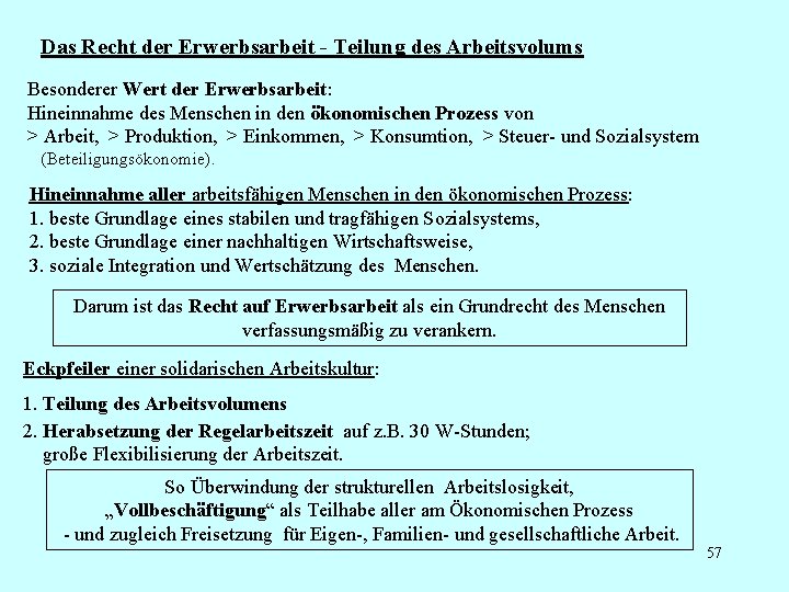 Das Recht der Erwerbsarbeit - Teilung des Arbeitsvolums Besonderer Wert der Erwerbsarbeit: Hineinnahme des