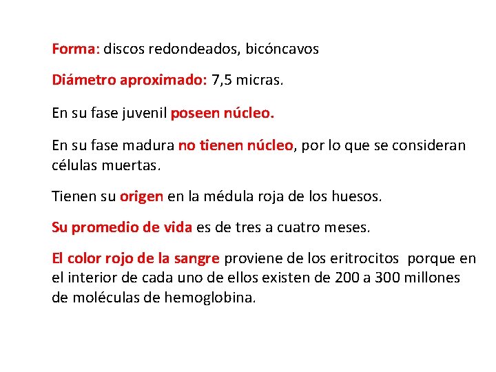 Forma: discos redondeados, bicóncavos Diámetro aproximado: 7, 5 micras. En su fase juvenil poseen