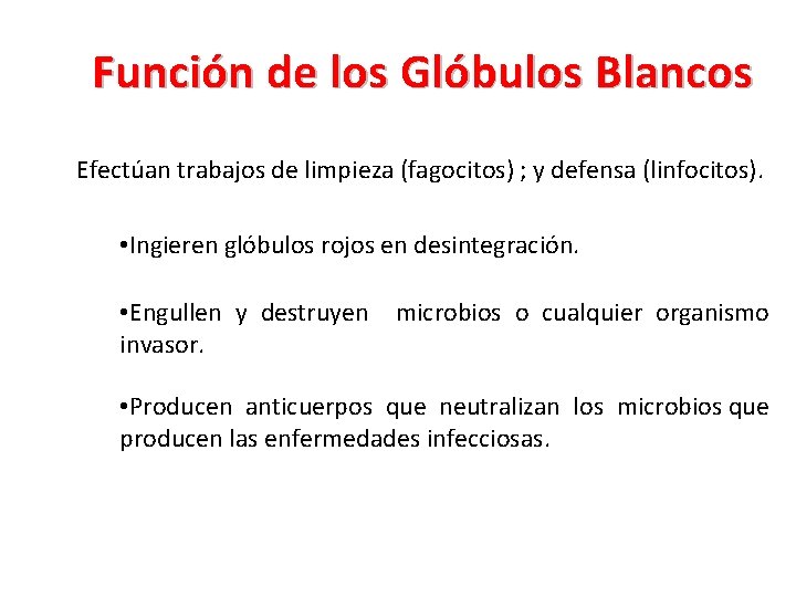 Función de los Glóbulos Blancos Efectúan trabajos de limpieza (fagocitos) ; y defensa (linfocitos).