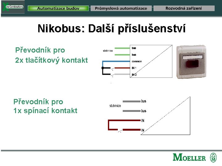 Nikobus: Další příslušenství Převodník pro 2 x tlačítkový kontakt Převodník pro 1 x spínací