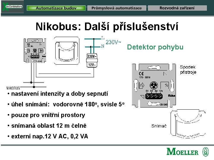 Nikobus: Další příslušenství Detektor pohybu • nastavení intenzity a doby sepnutí • úhel snímání: