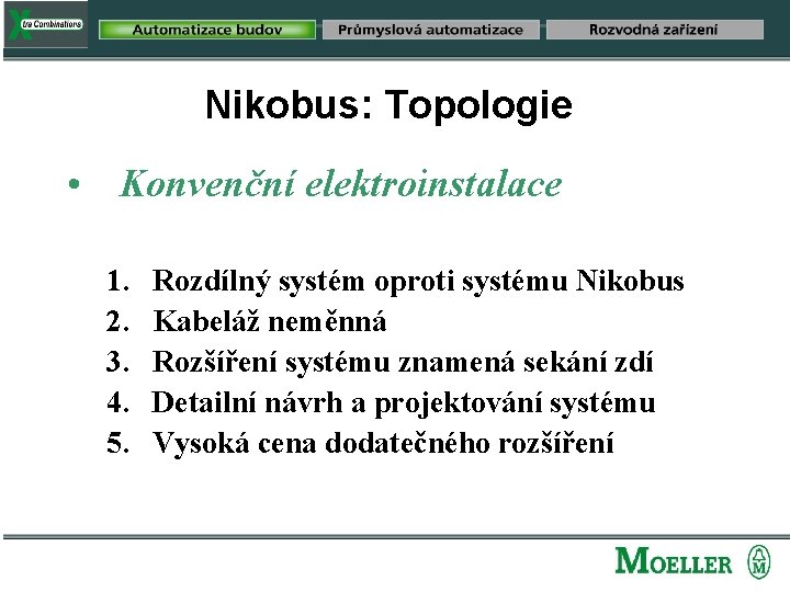 Nikobus: Topologie • Konvenční elektroinstalace 1. 2. 3. 4. 5. Rozdílný systém oproti systému