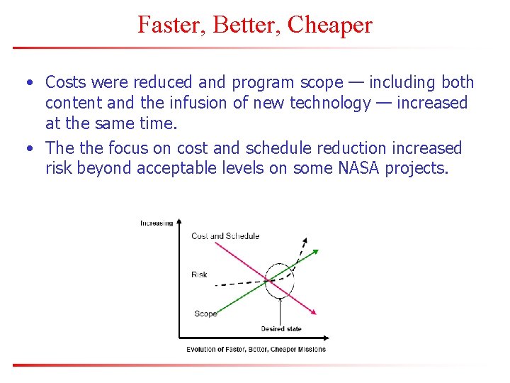 Faster, Better, Cheaper • Costs were reduced and program scope — including both content