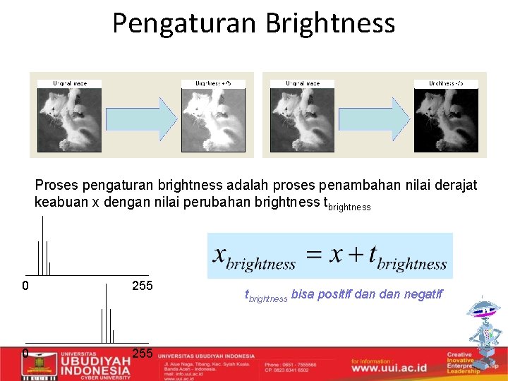 Pengaturan Brightness Proses pengaturan brightness adalah proses penambahan nilai derajat keabuan x dengan nilai