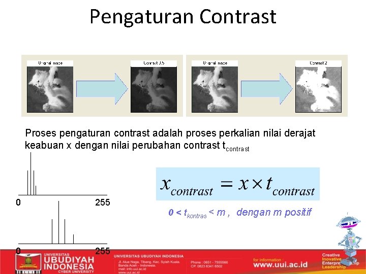 Pengaturan Contrast Proses pengaturan contrast adalah proses perkalian nilai derajat keabuan x dengan nilai