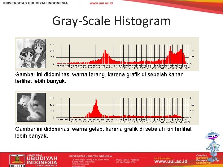 Gray-Scale Histogram Gambar ini didominasi warna terang, karena grafik di sebelah kanan terlihat lebih
