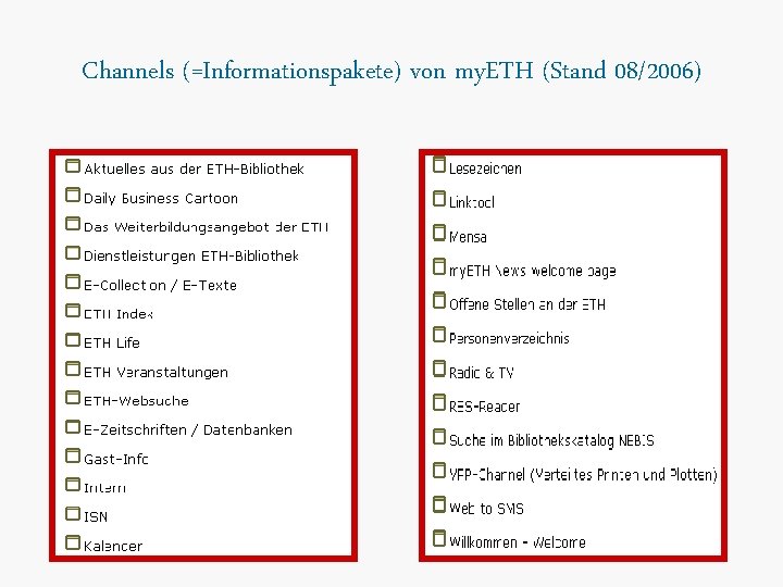 Channels (=Informationspakete) von my. ETH (Stand 08/2006) 