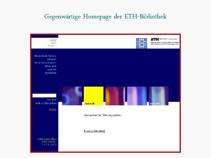 Gegenwärtige Homepage der ETH-Bibliothek 