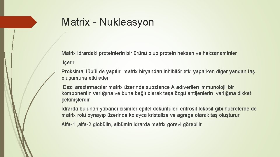 Matrix - Nukleasyon Matrix idrardaki proteinlerin bir ürünü olup protein heksan ve heksanaminler içerir