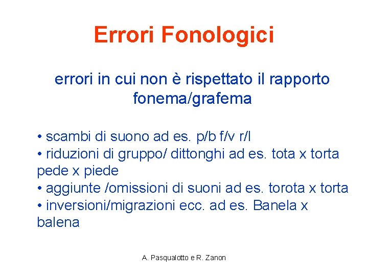 Errori Fonologici errori in cui non è rispettato il rapporto fonema/grafema • scambi di