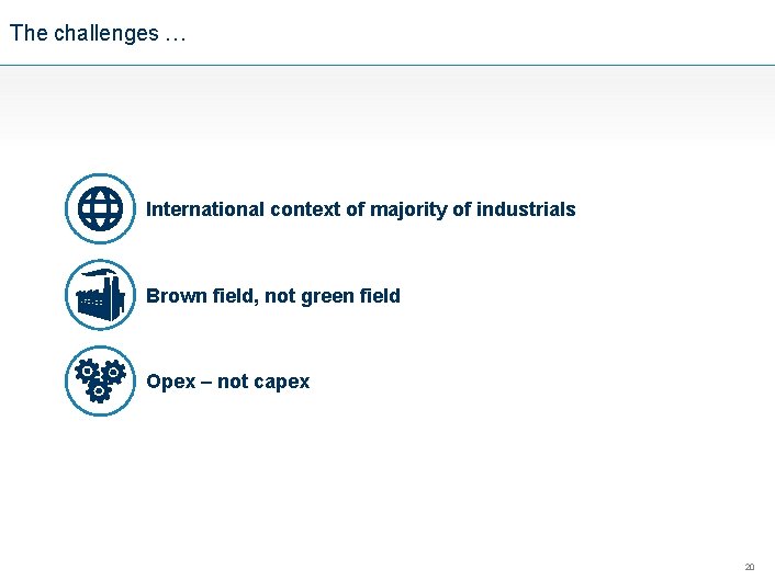 The challenges … International context of majority of industrials Brown field, not green field