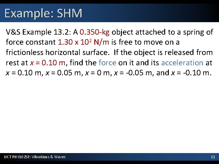 Example: SHM V&S Example 13. 2: A 0. 350 -kg object attached to a