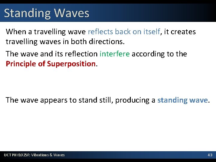 Standing Waves When a travelling wave reflects back on itself, it creates travelling waves