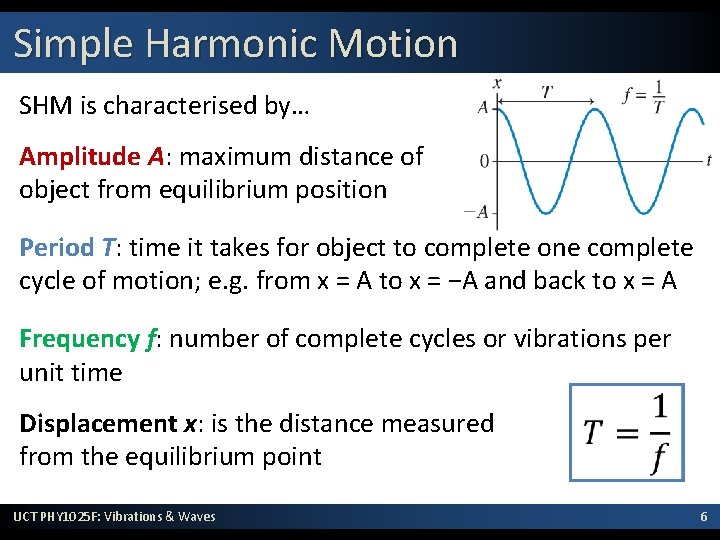 Simple Harmonic Motion SHM is characterised by… Amplitude A: maximum distance of object from