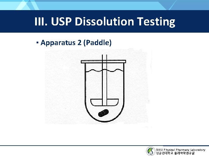 III. USP Dissolution Testing ▪ Apparatus 2 (Paddle) SKKU Physical Pharmacy Laboratory 성균관대학교 물리약학연구실