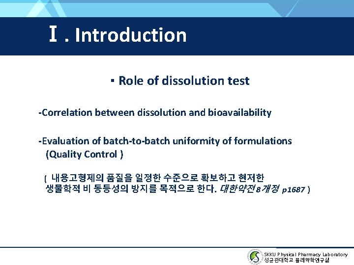 Ⅰ. Introduction ▪ Role of dissolution test -Correlation between dissolution and bioavailability -Evaluation of