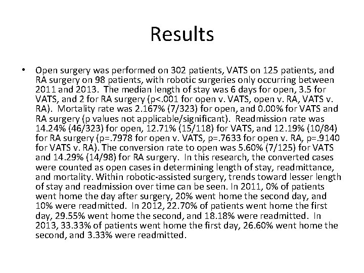 Results • Open surgery was performed on 302 patients, VATS on 125 patients, and
