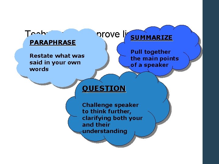 Techniques to improve listening skills SUMMARIZE PARAPHRASE Restate what was said in your own