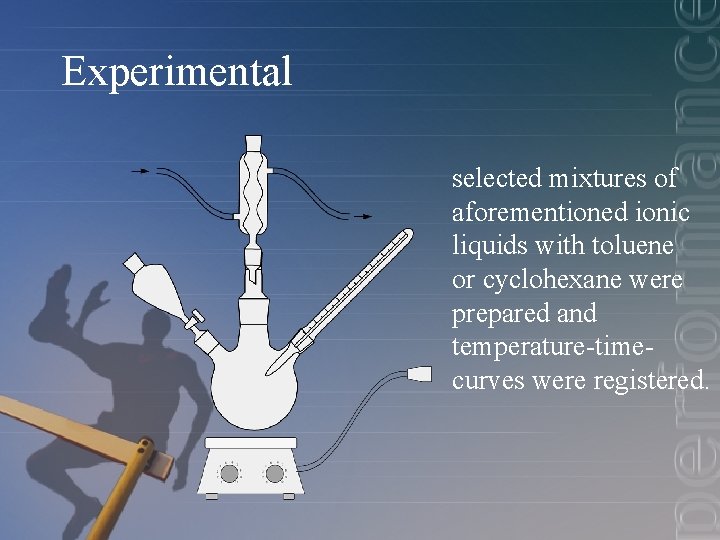 Experimental selected mixtures of aforementioned ionic liquids with toluene or cyclohexane were prepared and