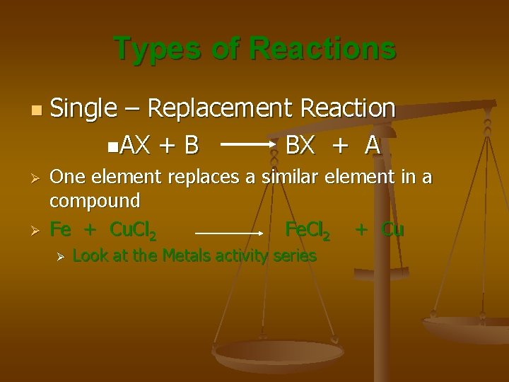 Types of Reactions n Ø Ø Single – Replacement Reaction n. AX + B