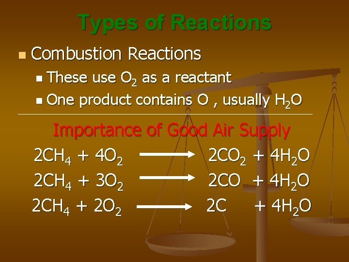 Types of Reactions n Combustion Reactions n These use O 2 as a reactant