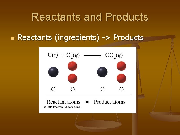Reactants and Products n Reactants (ingredients) -> Products 