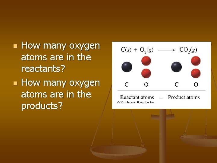 n n How many oxygen atoms are in the reactants? How many oxygen atoms