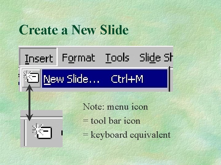 Create a New Slide Note: menu icon = tool bar icon = keyboard equivalent