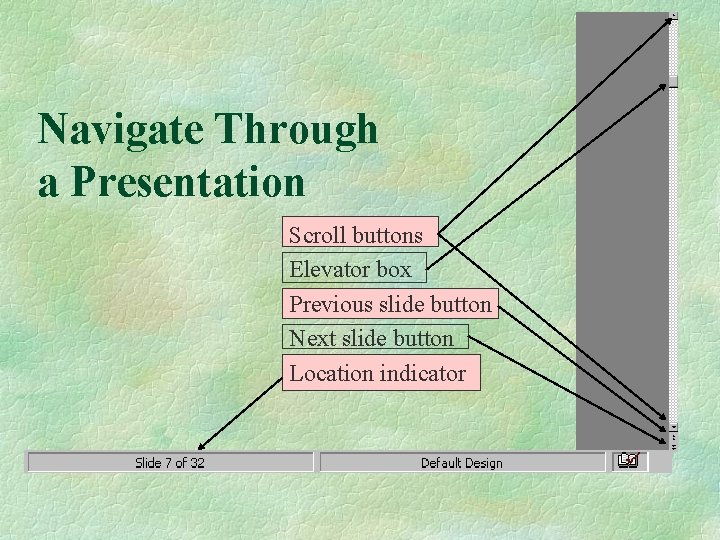 Navigate Through a Presentation Scroll buttons Elevator box Previous slide button Next slide button