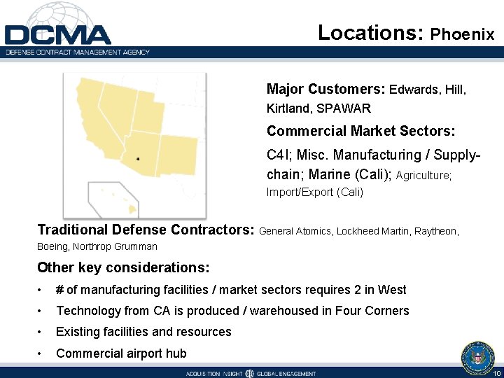 Locations: Phoenix Major Customers: Edwards, Hill, Kirtland, SPAWAR Commercial Market Sectors: C 4 I;