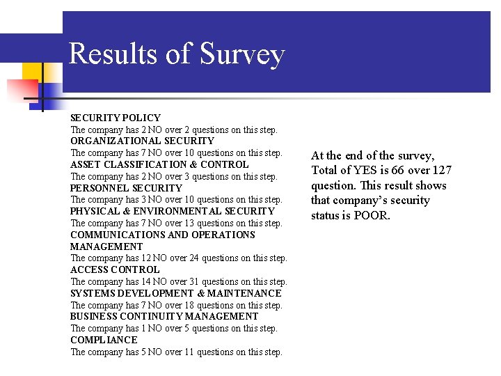 Deliverables – ISO 17799 Results of Survey SECURITY POLICY The company has 2 NO