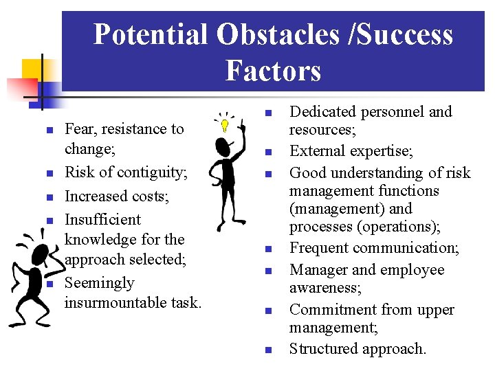 Potential Obstacles /Success Factors n n n Fear, resistance to change; Risk of contiguity;