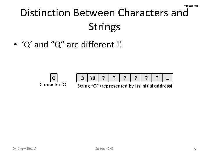 CSIE@NUTN Distinction Between Characters and Strings • ‘Q’ and “Q” are different !! Q