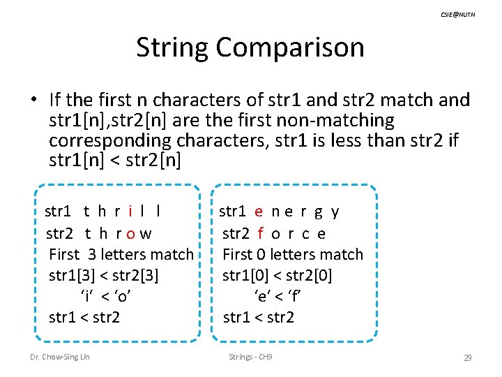 CSIE@NUTN String Comparison • If the first n characters of str 1 and str
