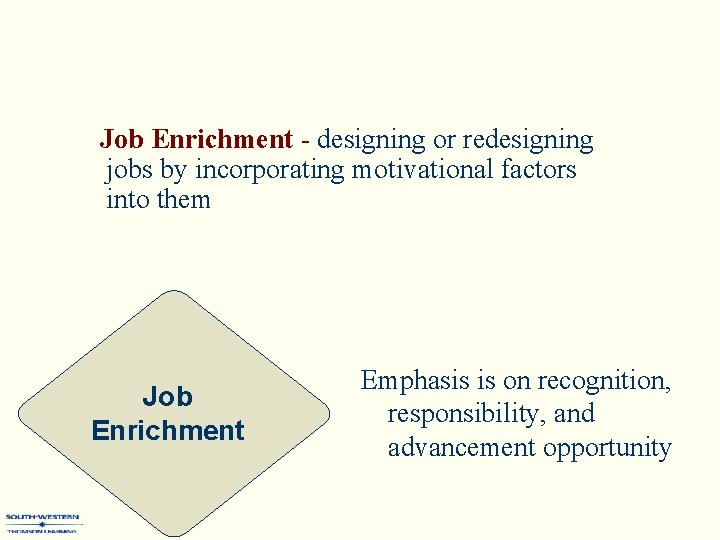 Job Enrichment - designing or redesigning jobs by incorporating motivational factors into them Job