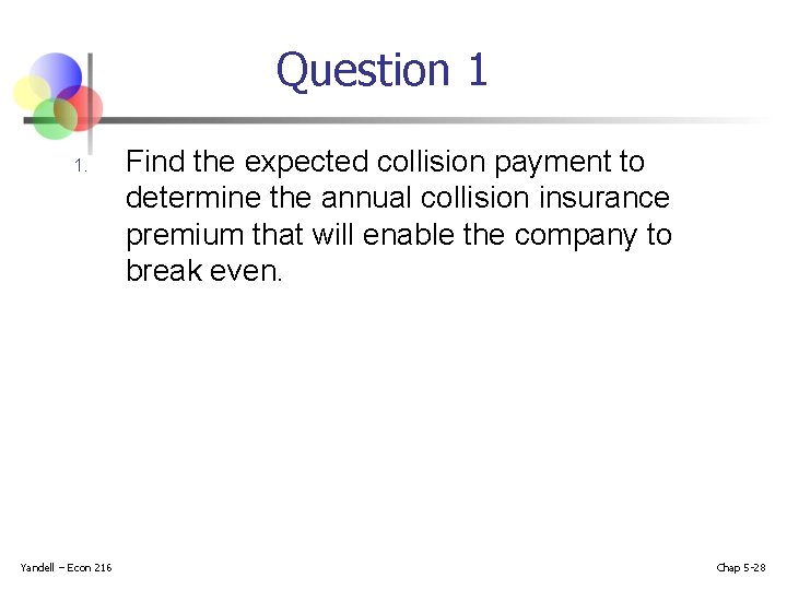 Question 1 1. Yandell – Econ 216 Find the expected collision payment to determine