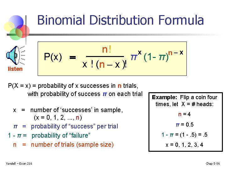 Binomial Distribution Formula listen n! x n-x P(x) = π (1 - π) x