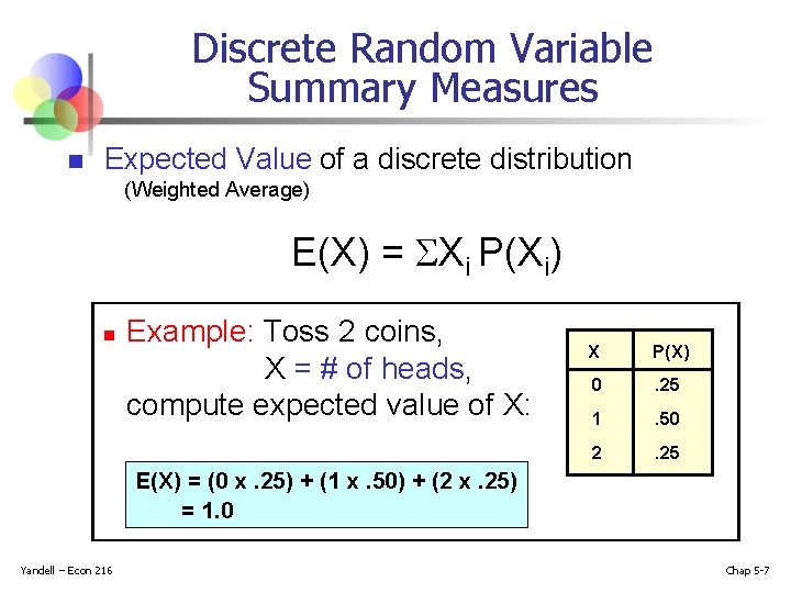 Discrete Random Variable Summary Measures n Expected Value of a discrete distribution (Weighted Average)