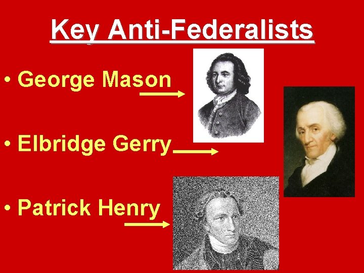 Key Anti-Federalists • George Mason • Elbridge Gerry • Patrick Henry 