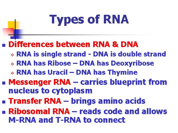 Types of RNA n Differences between RNA & DNA RNA is single strand -