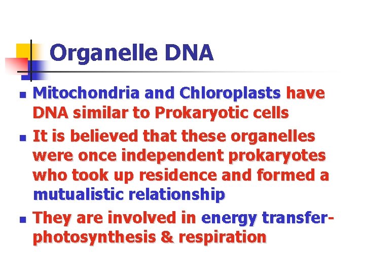 Organelle DNA n n n Mitochondria and Chloroplasts have DNA similar to Prokaryotic cells