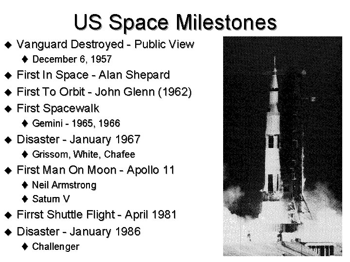 US Space Milestones u Vanguard Destroyed - Public View t December 6, 1957 u