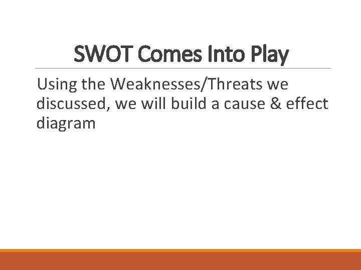 SWOT Comes Into Play Using the Weaknesses/Threats we discussed, we will build a cause