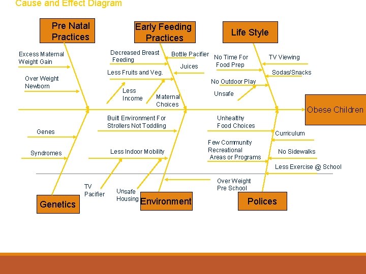 Cause and Effect Diagram Pre Natal Practices Early Feeding Practices Decreased Breast Feeding Excess