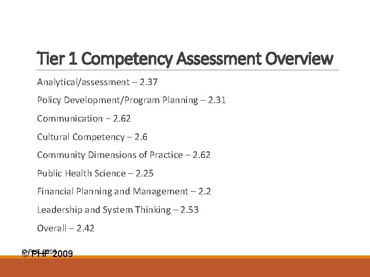 Tier 1 Competency Assessment Overview Analytical/assessment – 2. 37 Policy Development/Program Planning – 2.