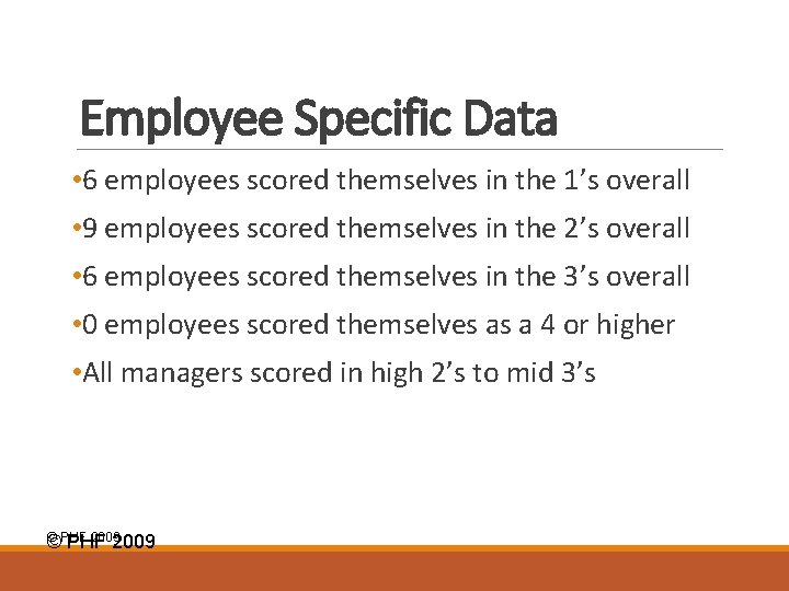 Employee Specific Data • 6 employees scored themselves in the 1’s overall • 9