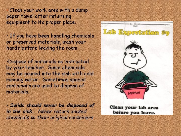  • Clean your work area with a damp paper towel after returning equipment